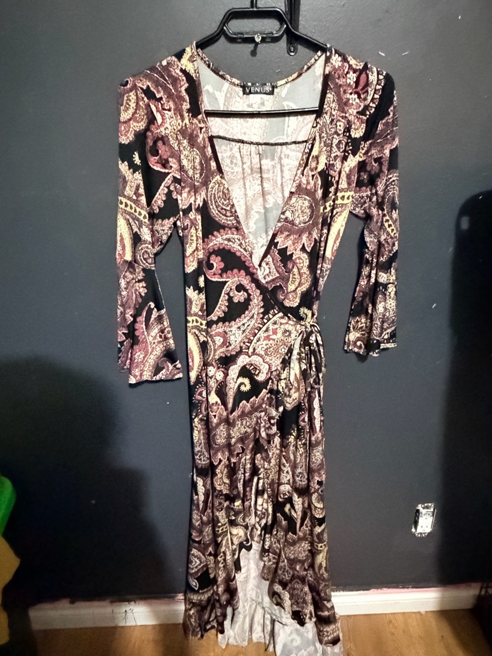 Venus Paisley flared sleeves long maxi tie side deep neck dress